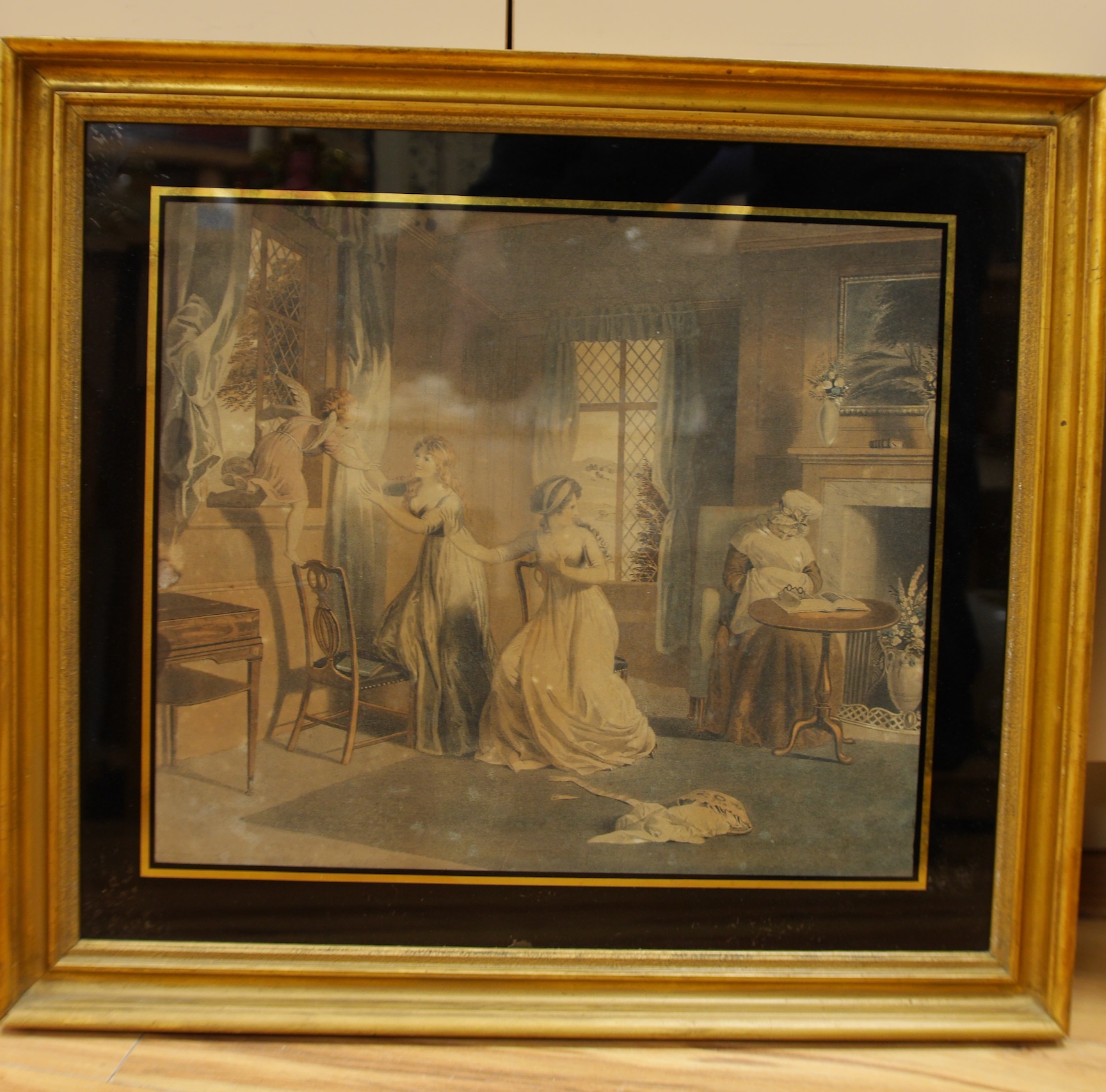 Three 18th /19th century mezzotints, to include after Thomas Gainsborough, ‘The Duchess of Devonshire’ and after Henry and George Richter, Interior scene, largest 54 x 41cm. Condition - fair